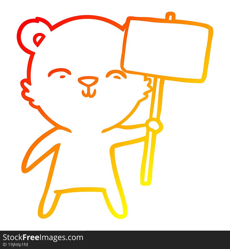 warm gradient line drawing happy cartoon bear with sign