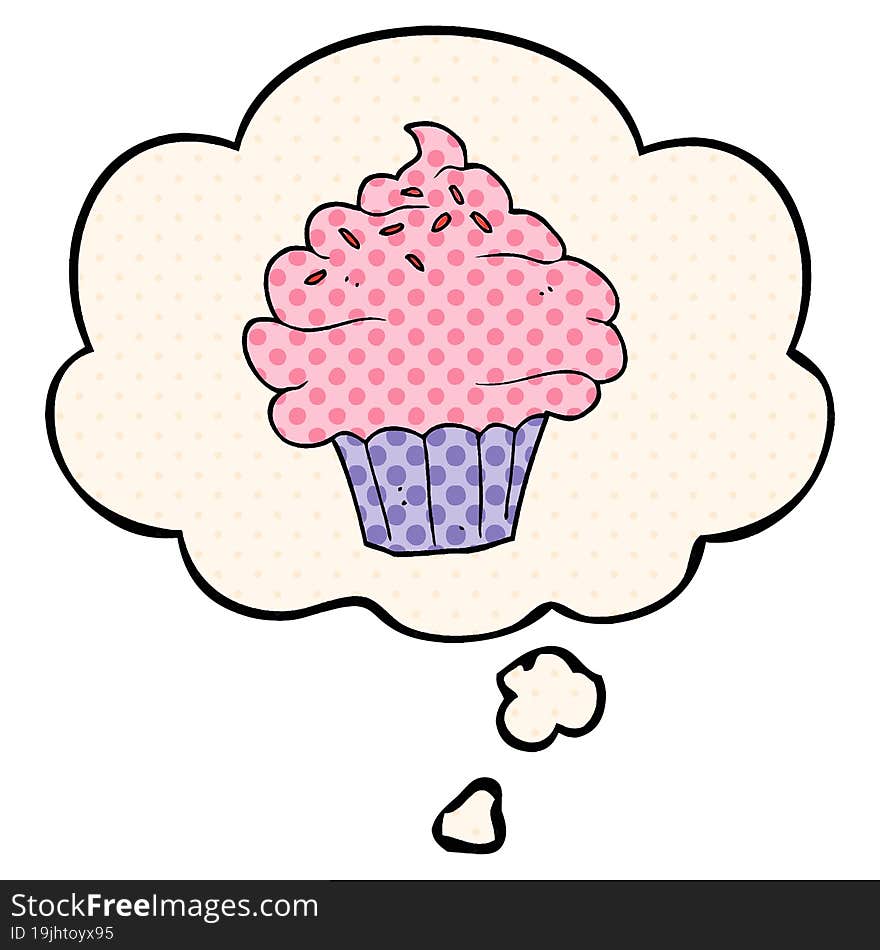 cartoon cupcake with thought bubble in comic book style