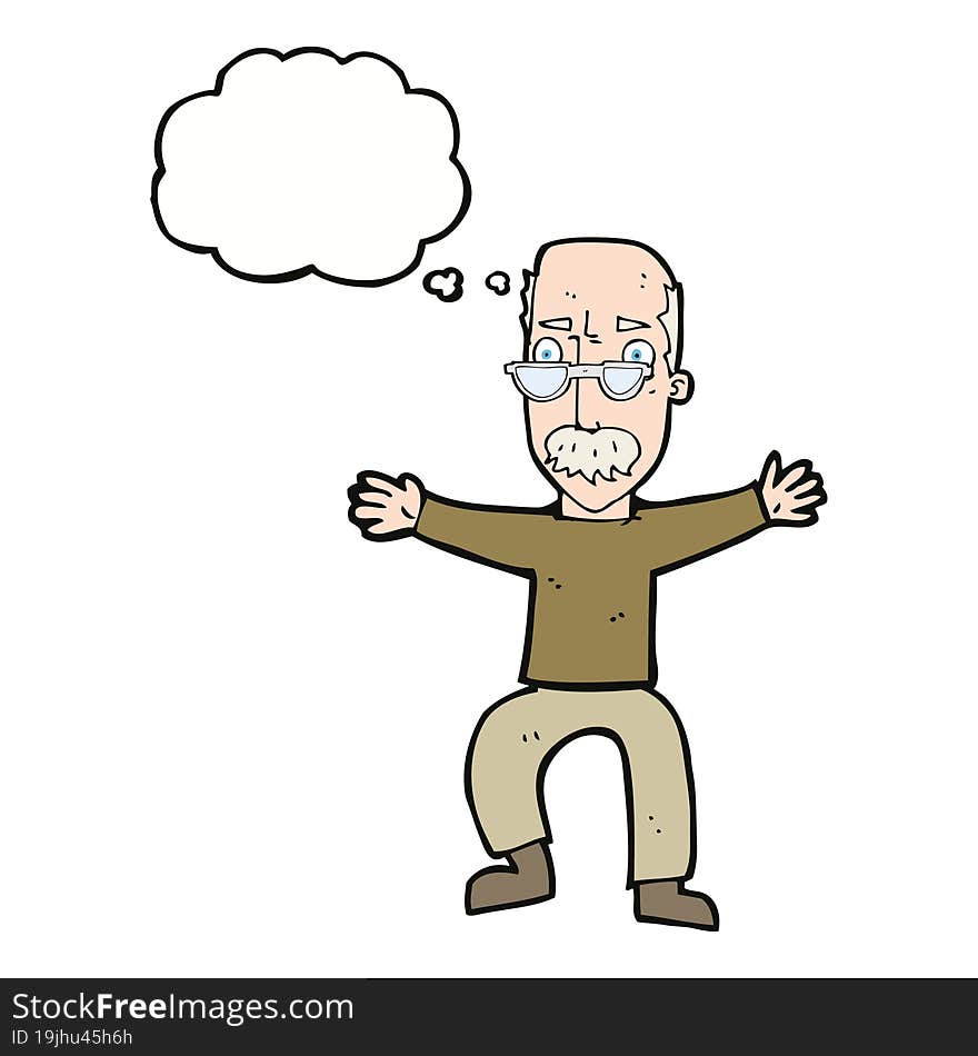 cartoon old man waving arms with thought bubble