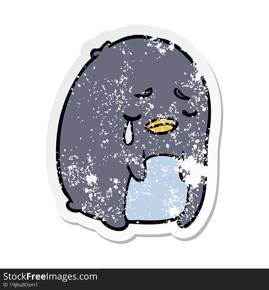 distressed sticker of a cartoon crying penguin