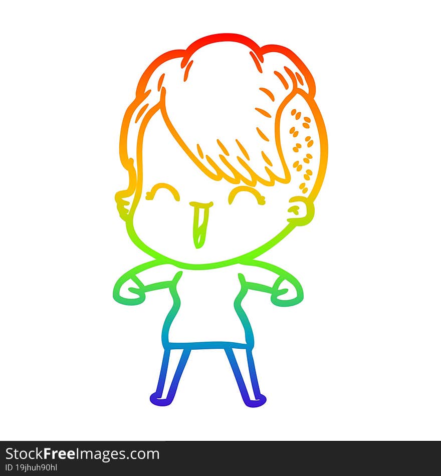 Rainbow Gradient Line Drawing Cartoon Happy Hipster Girl