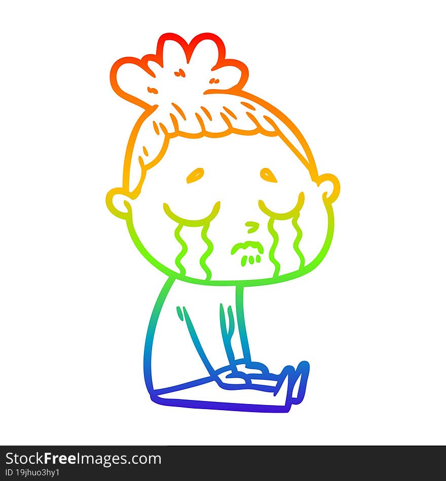 Rainbow Gradient Line Drawing Cartoon Crying Woman