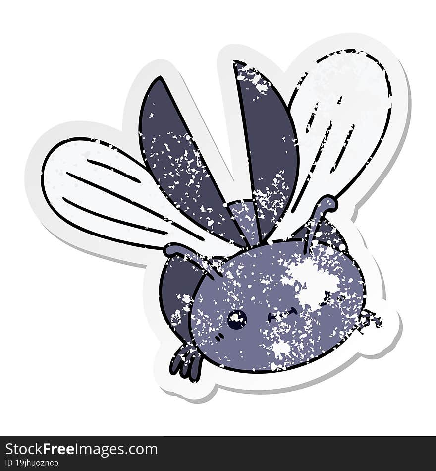 distressed sticker of a quirky hand drawn cartoon flying beetle