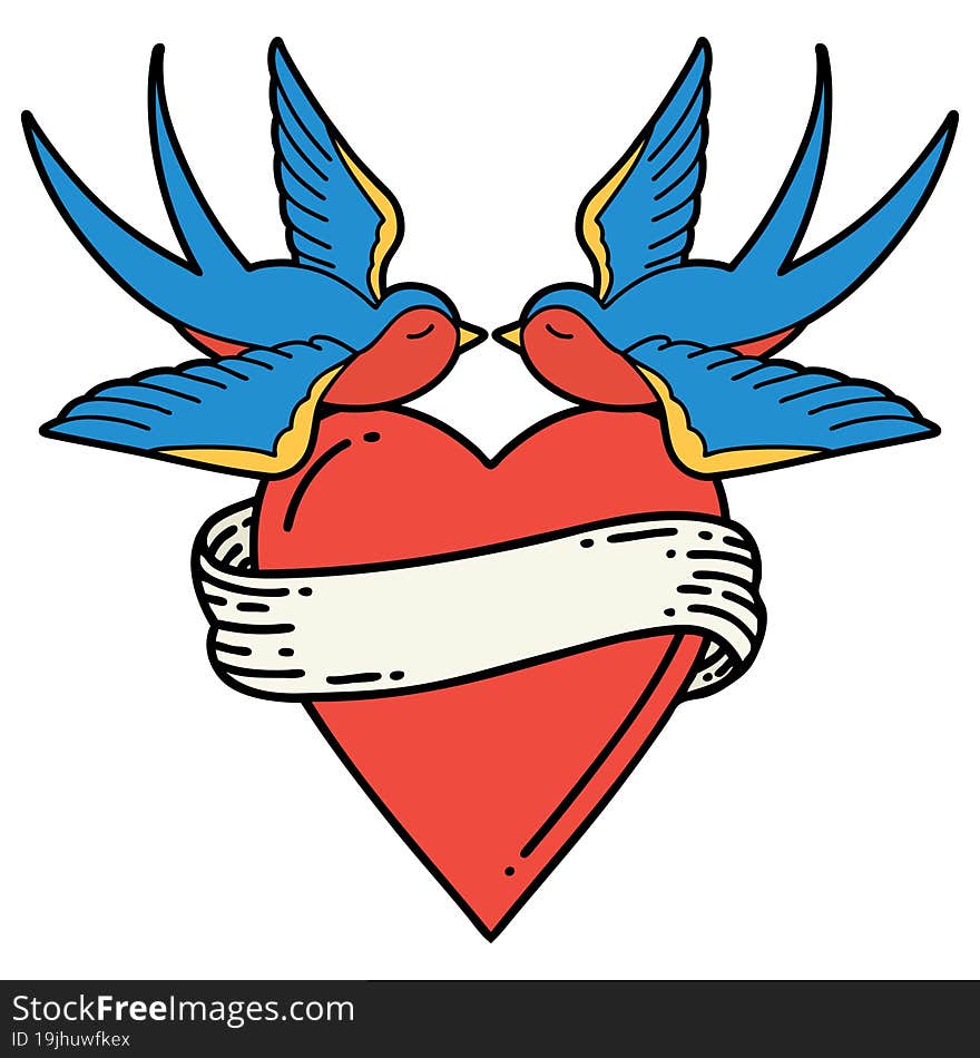 tattoo in traditional style of swallows and a heart with banner. tattoo in traditional style of swallows and a heart with banner