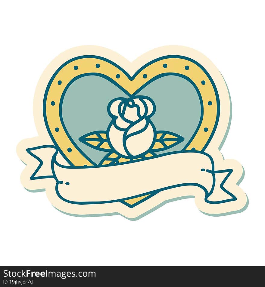 sticker of tattoo in traditional style of a heart rose and banner. sticker of tattoo in traditional style of a heart rose and banner