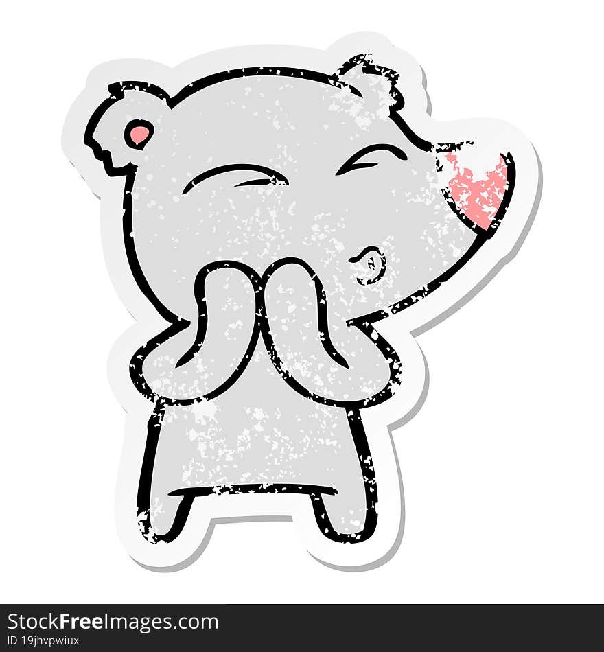 distressed sticker of a cartoon whistling bear