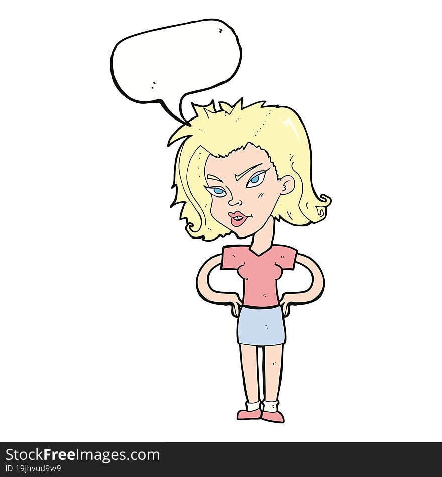 cartoon woman with hands on hips with speech bubble