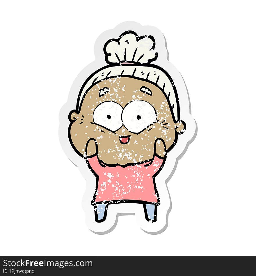 distressed sticker of a cartoon happy old woman