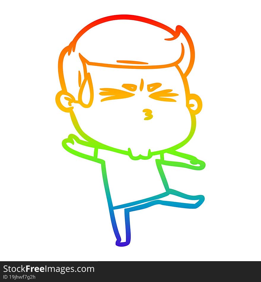 rainbow gradient line drawing cartoon man sweating