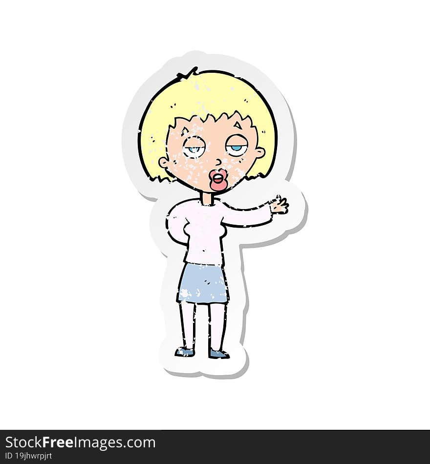 retro distressed sticker of a cartoon bored woman