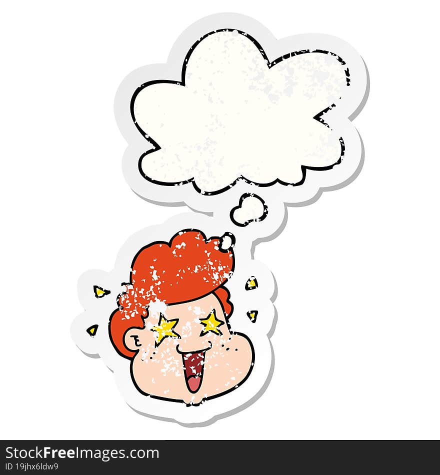 cartoon boy\'s face with thought bubble as a distressed worn sticker