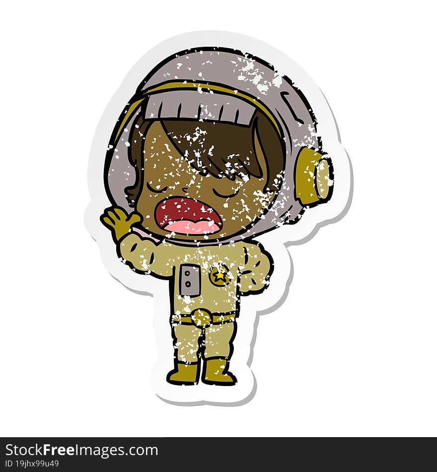 distressed sticker of a cartoon astronaut woman explaining