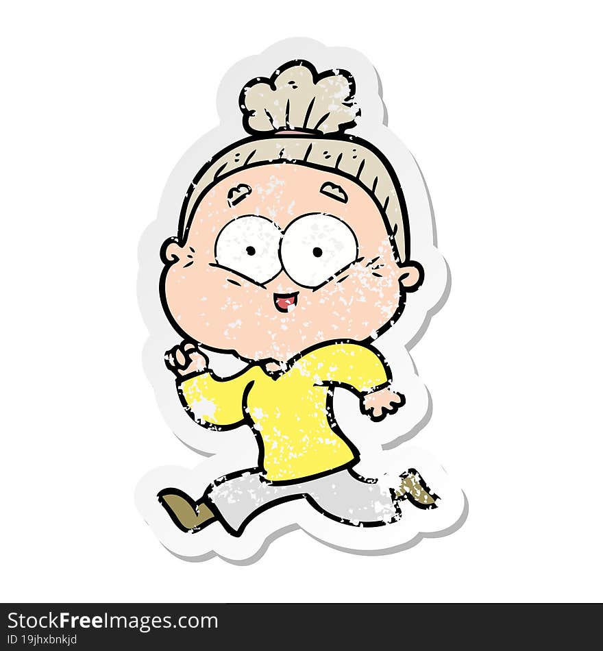 distressed sticker of a cartoon happy old woman