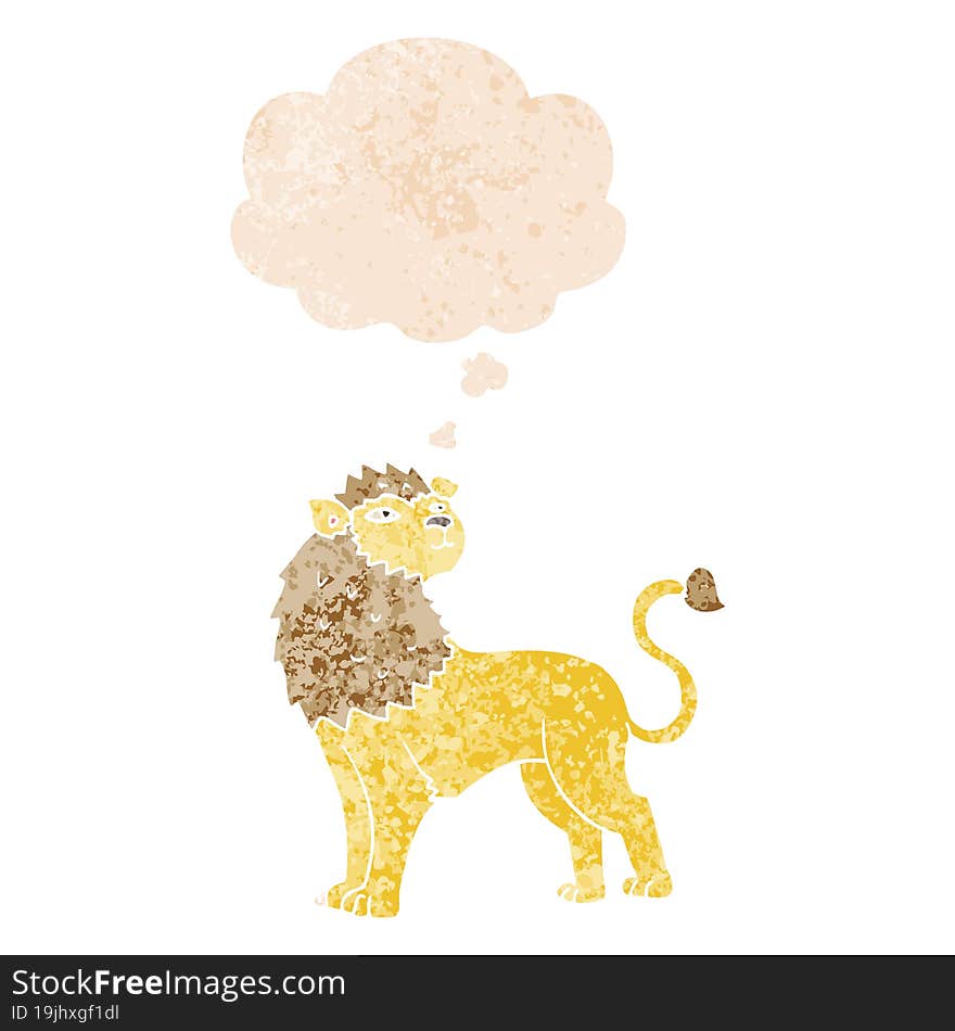 cartoon lion and thought bubble in retro textured style