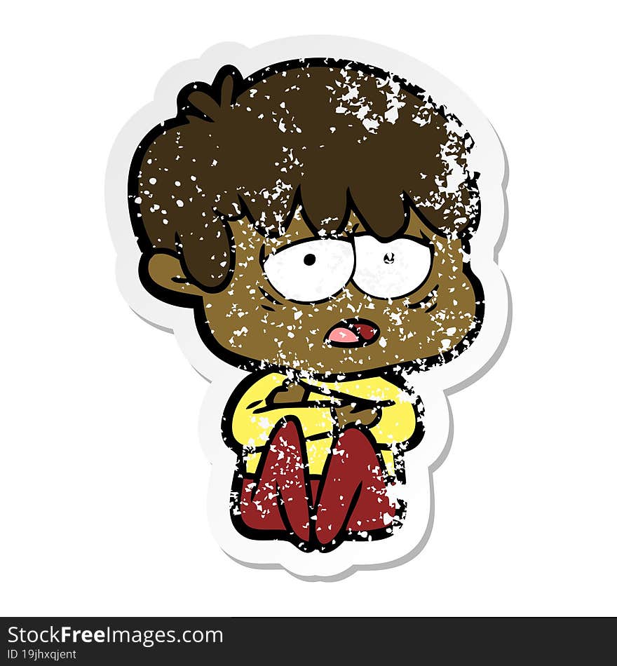 distressed sticker of a cartoon exhausted boy