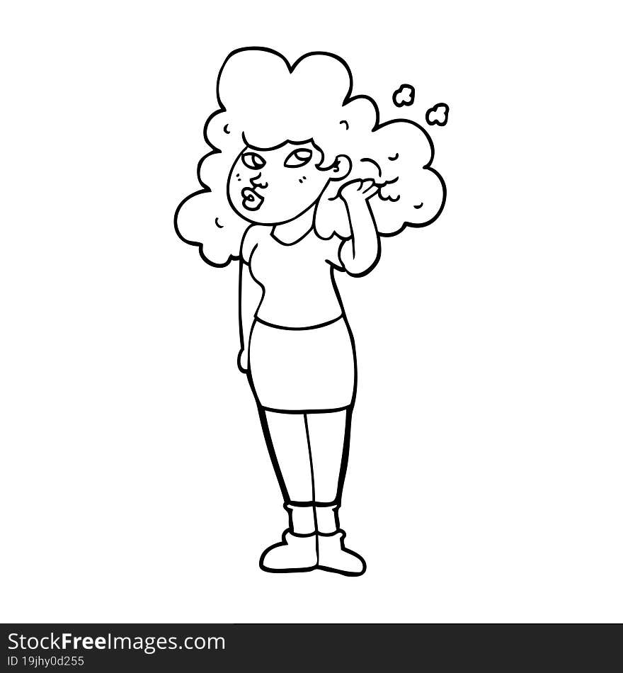 line drawing cartoon girl playing with hair