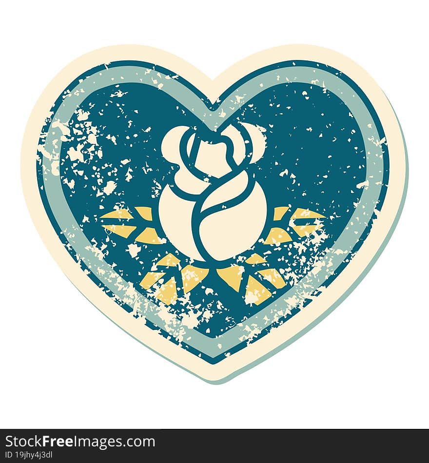 Distressed Sticker Tattoo Style Icon Of A Heart And Flowers