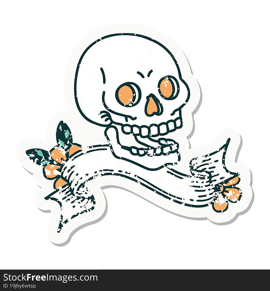 grunge sticker with banner of a skull