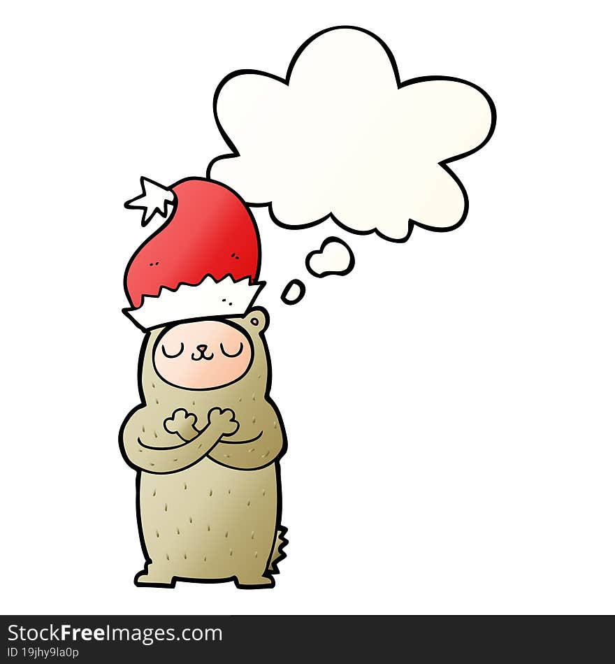 cartoon bear wearing christmas hat with thought bubble in smooth gradient style