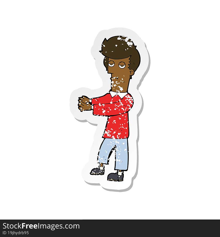 retro distressed sticker of a cartoon bored man showing the way