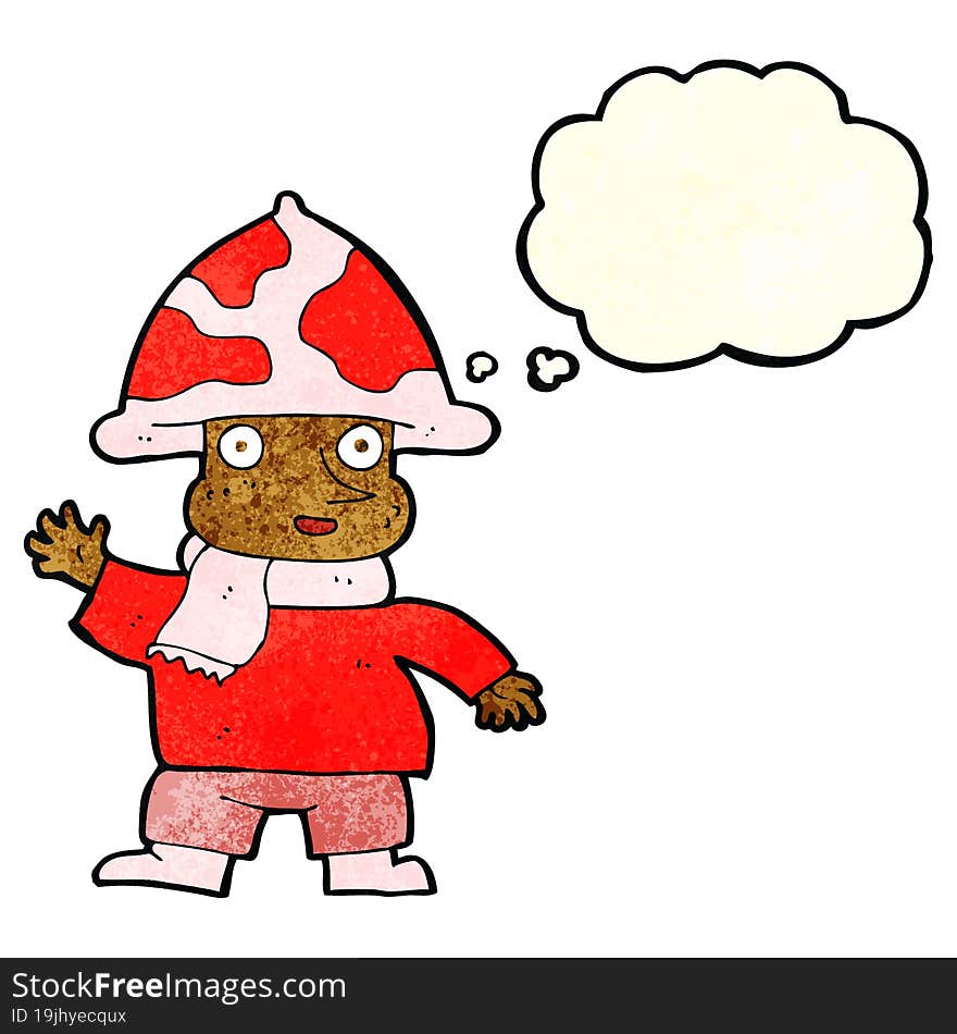 cartoon mushroom man with thought bubble