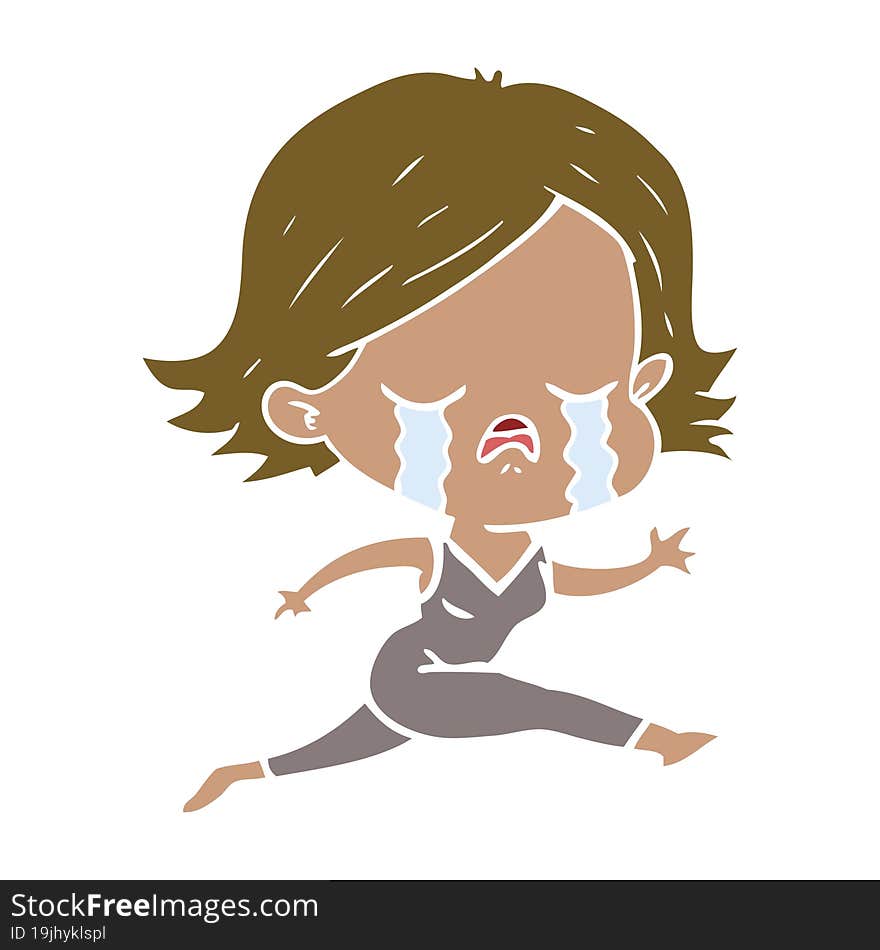 flat color style cartoon girl crying whilst running