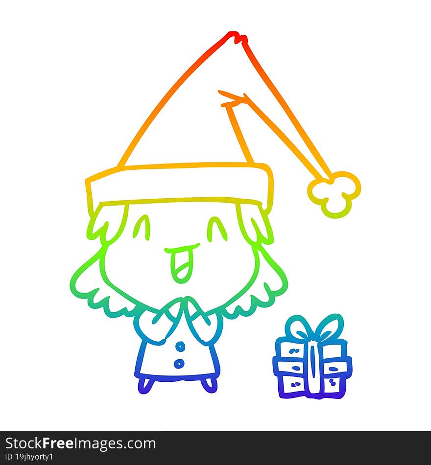 rainbow gradient line drawing of a girl wearing christmas hat