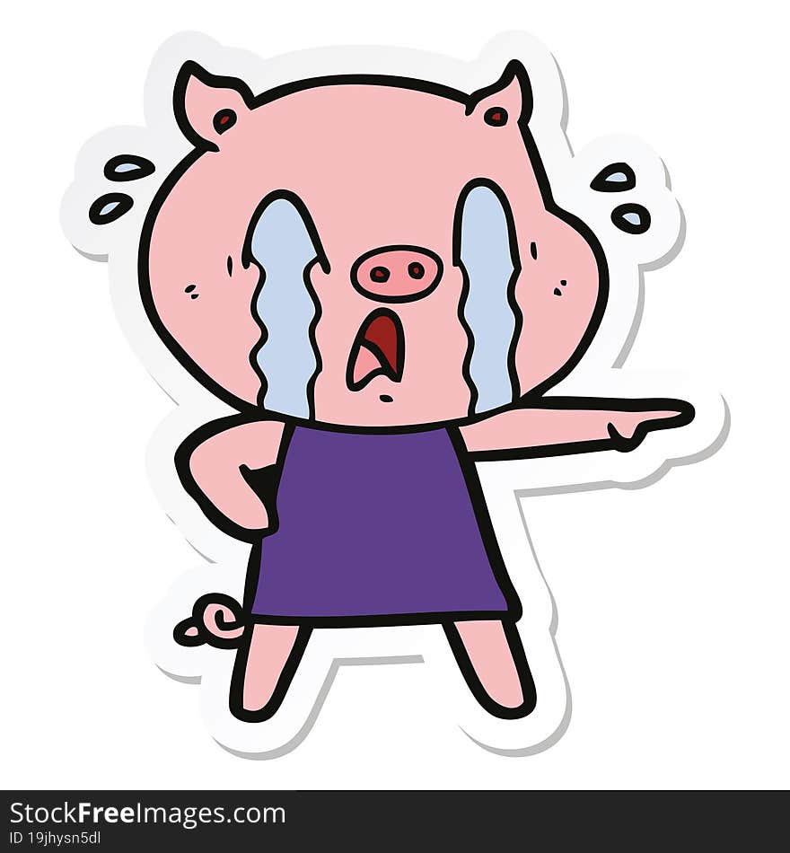 sticker of a crying pig cartoon wearing human clothes