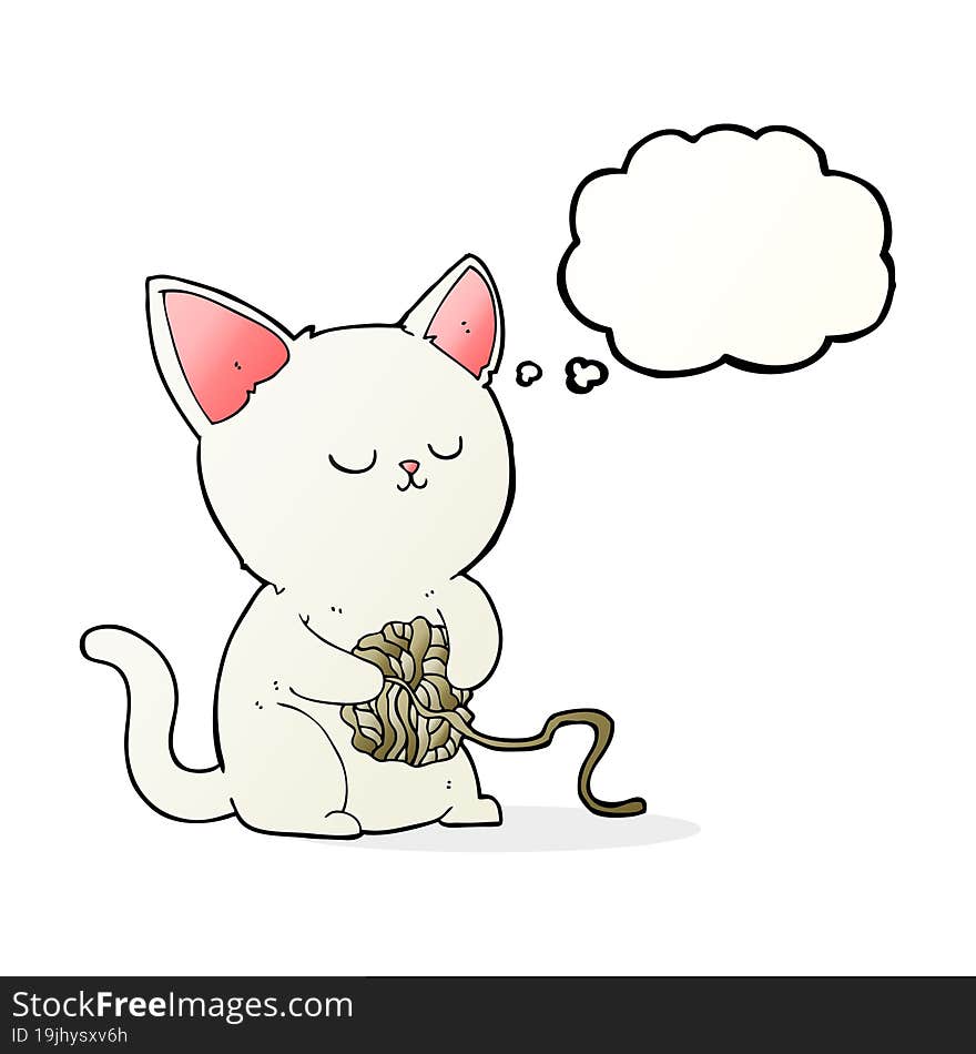 cartoon cat playing with ball of yarn with thought bubble