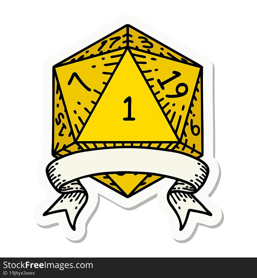 sticker of a natural one d20 dice roll. sticker of a natural one d20 dice roll