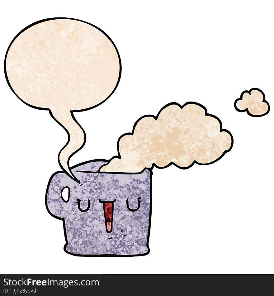 cartoon hot cup of coffee with speech bubble in retro texture style