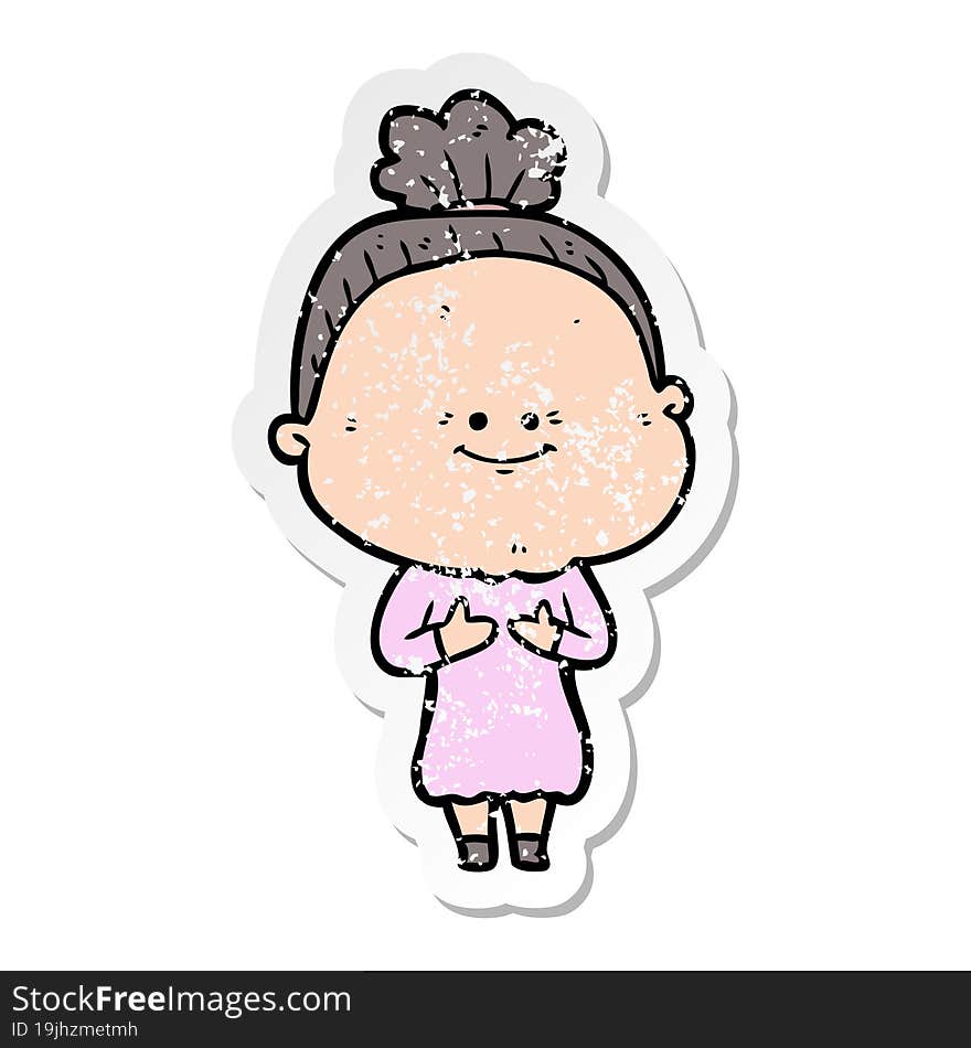 Distressed Sticker Of A Cartoon Happy Old Woman