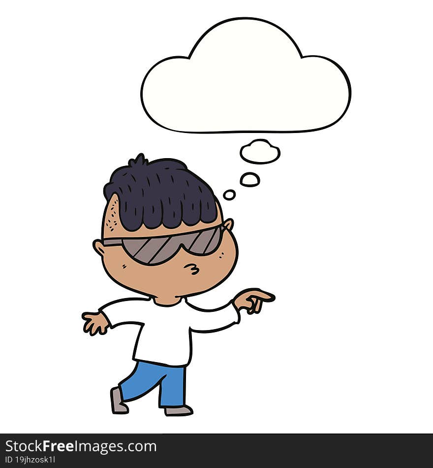 cartoon boy wearing sunglasses pointing and thought bubble