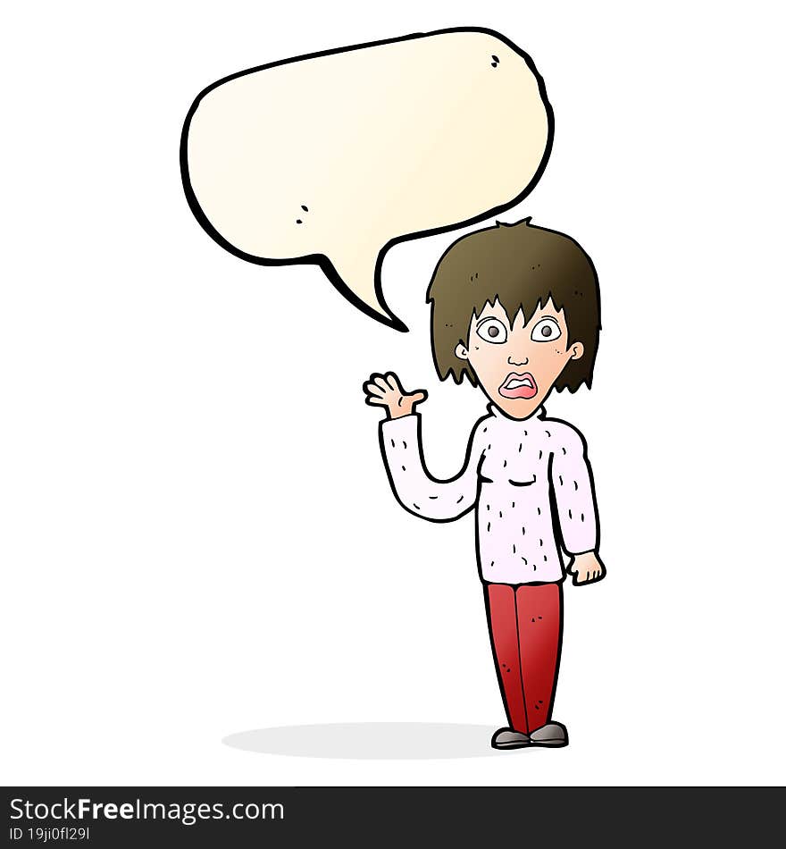 cartoon shocked woman waving hand with speech bubble