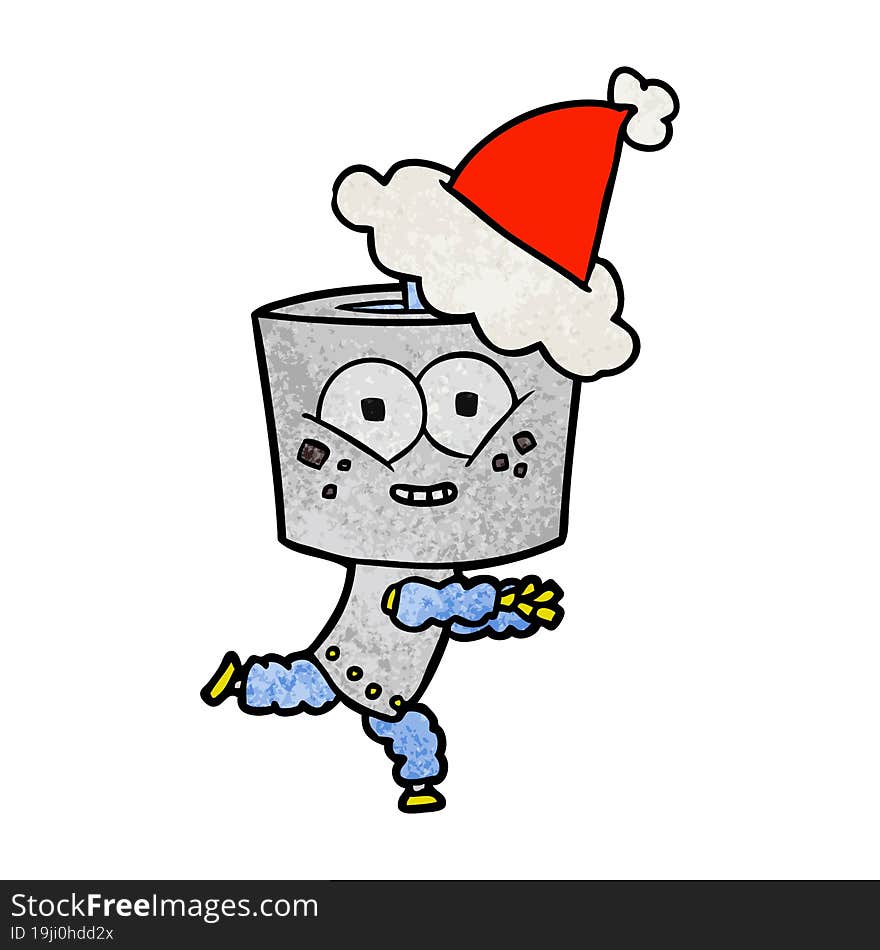 happy hand drawn textured cartoon of a robot wearing santa hat. happy hand drawn textured cartoon of a robot wearing santa hat