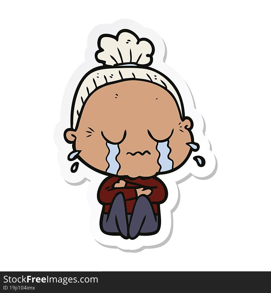 sticker of a cartoon crying old lady