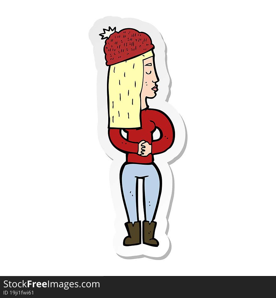 Sticker Of A Cartoon Woman Wearing Winter Hat