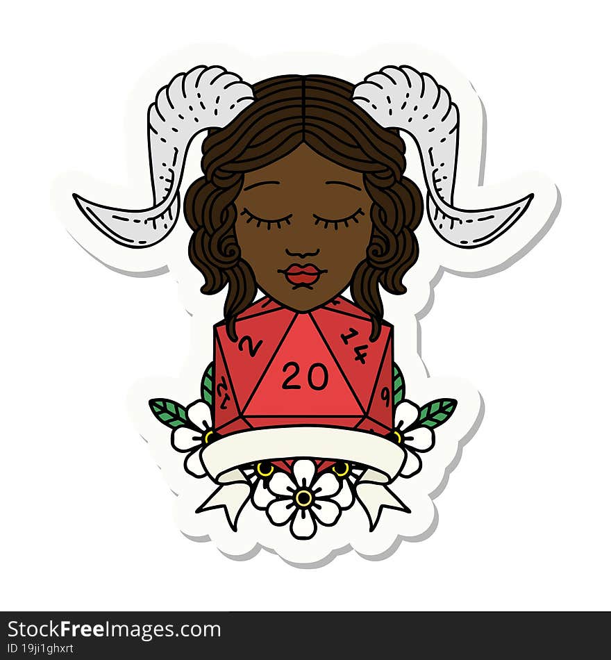 sticker of a tiefling with natural twenty dice roll. sticker of a tiefling with natural twenty dice roll