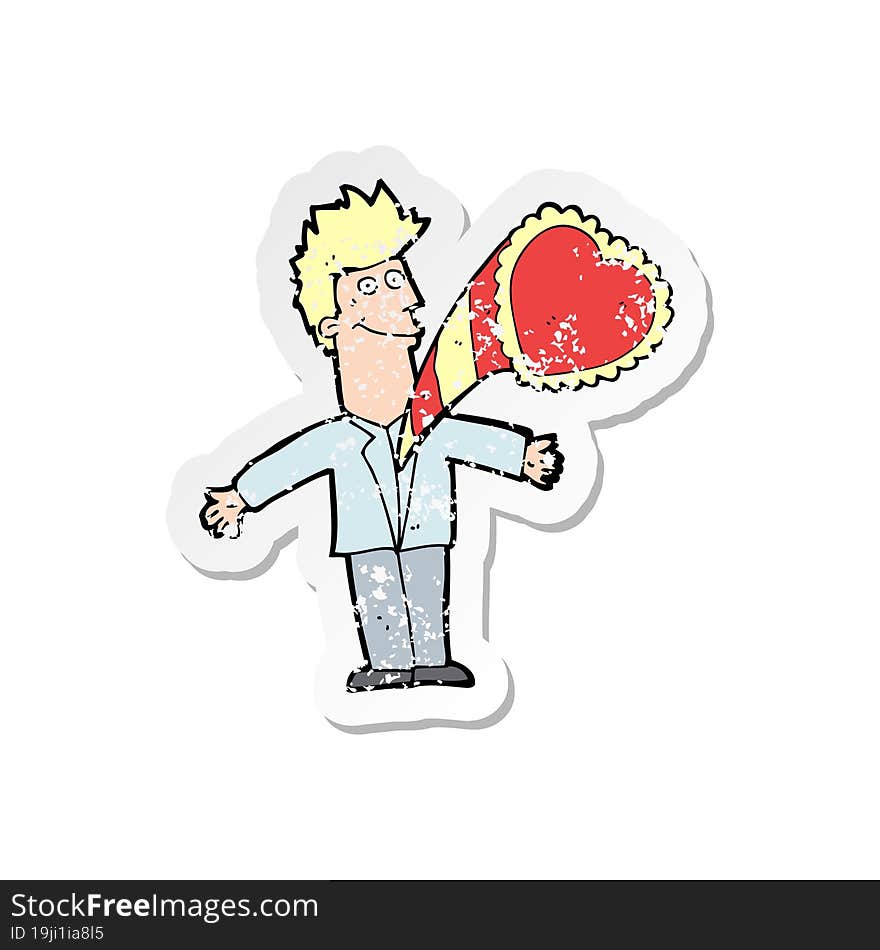 retro distressed sticker of a cartoon man with love heart