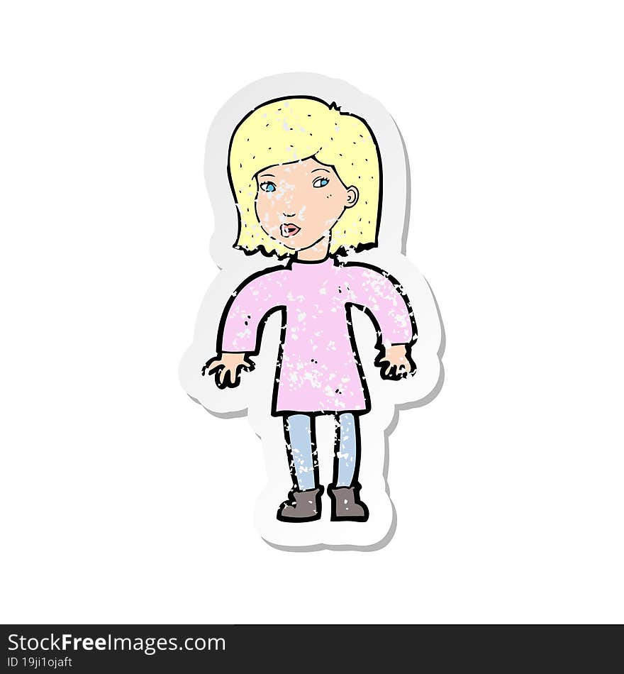 retro distressed sticker of a cartoon cautious woman