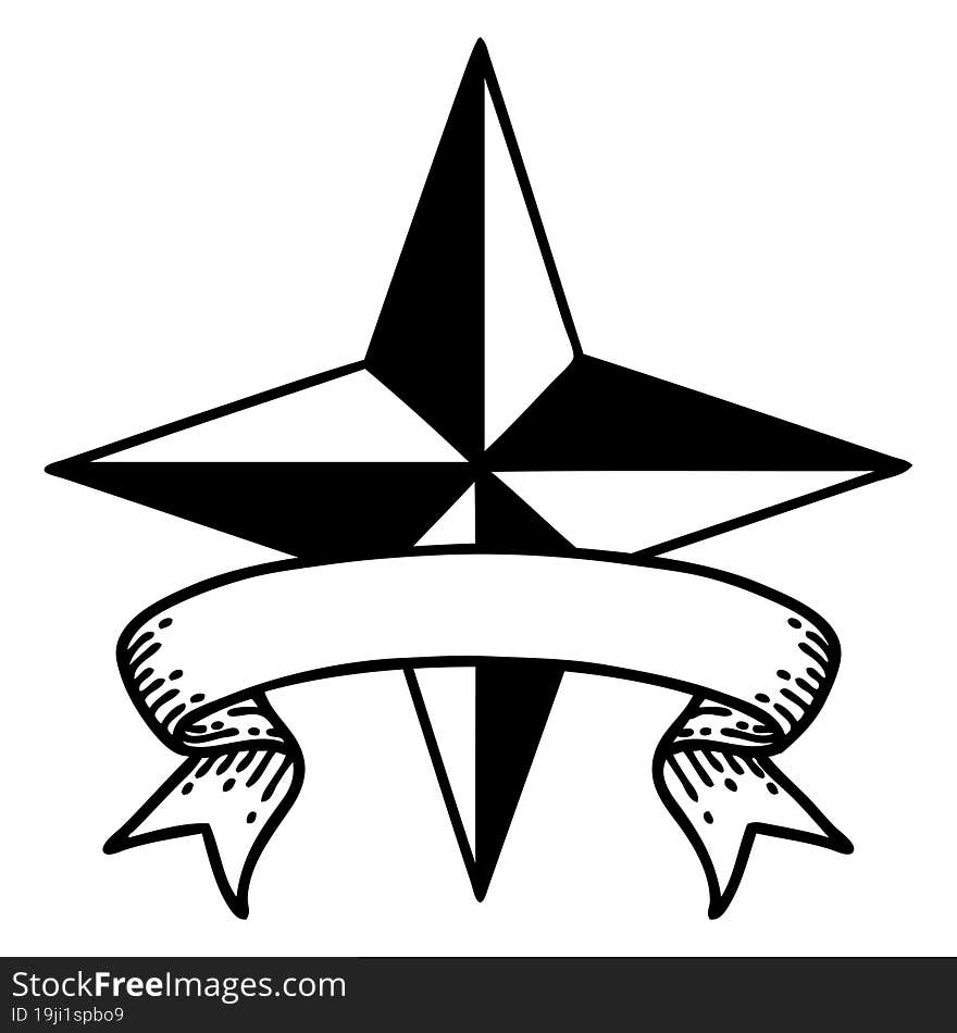 black linework tattoo with banner of a star symbol