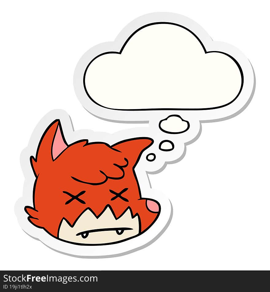 cartoon dead fox face and thought bubble as a printed sticker