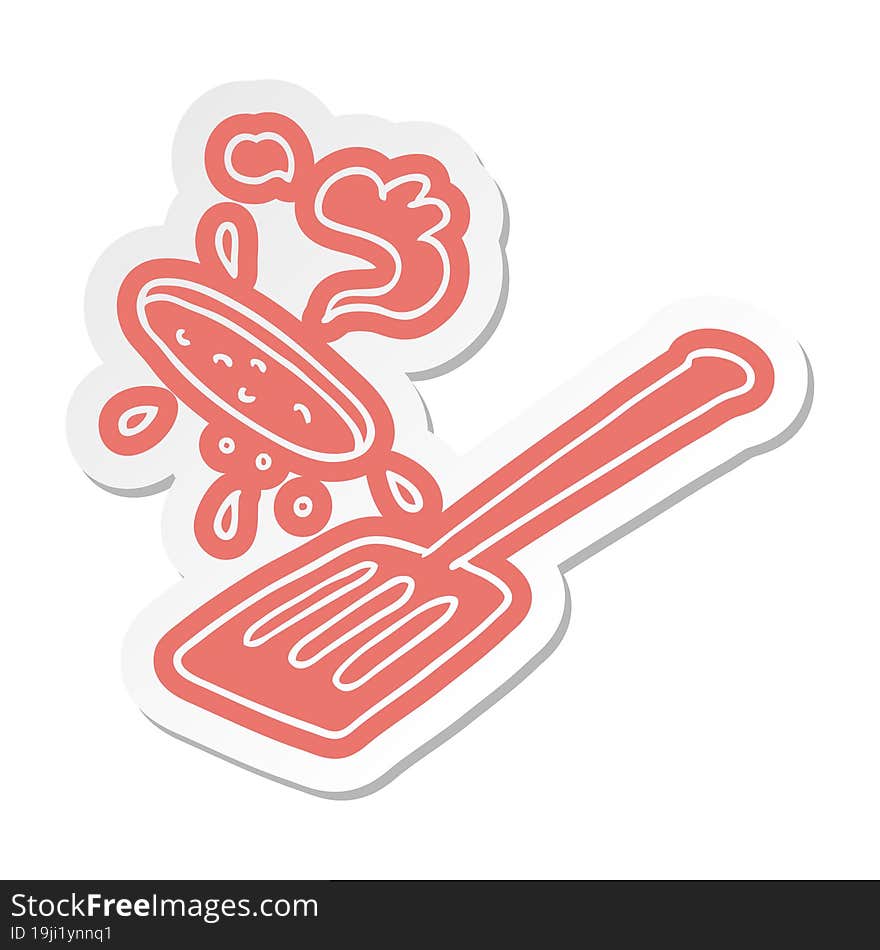 cartoon sticker of a burger being flipped