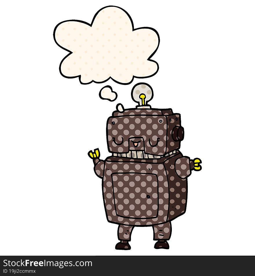 cartoon robot and thought bubble in comic book style