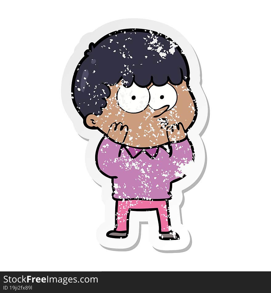 distressed sticker of a cartoon curious boy