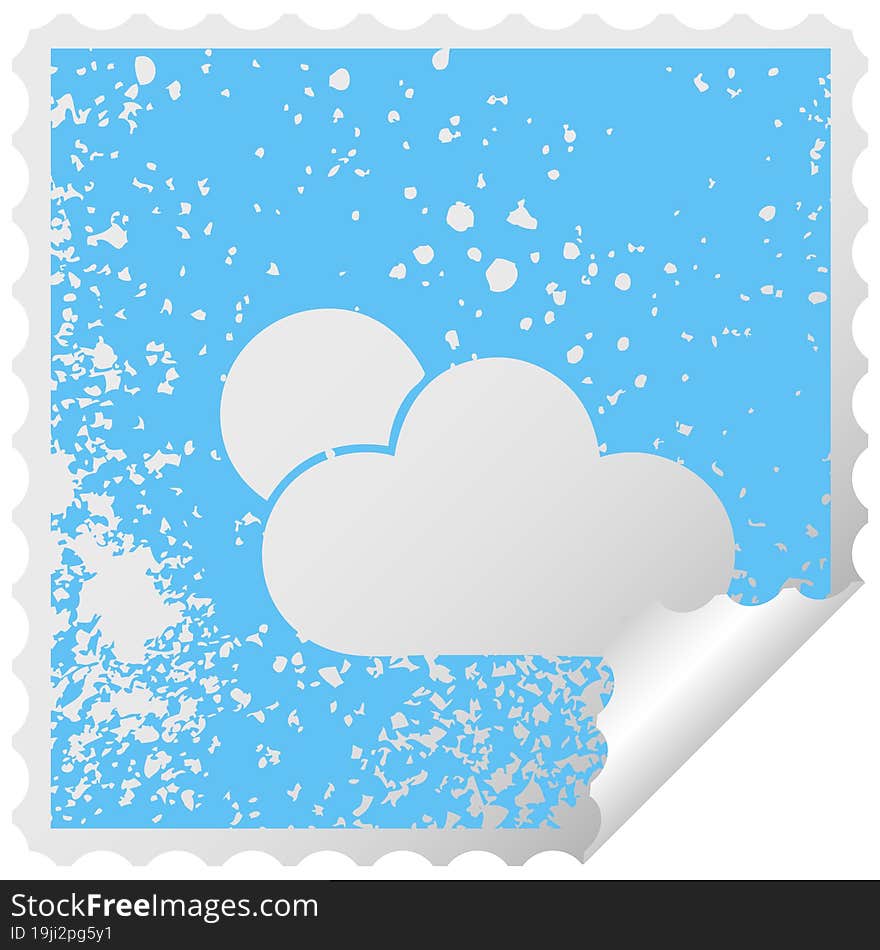 distressed square peeling sticker symbol of a sunshine and cloud