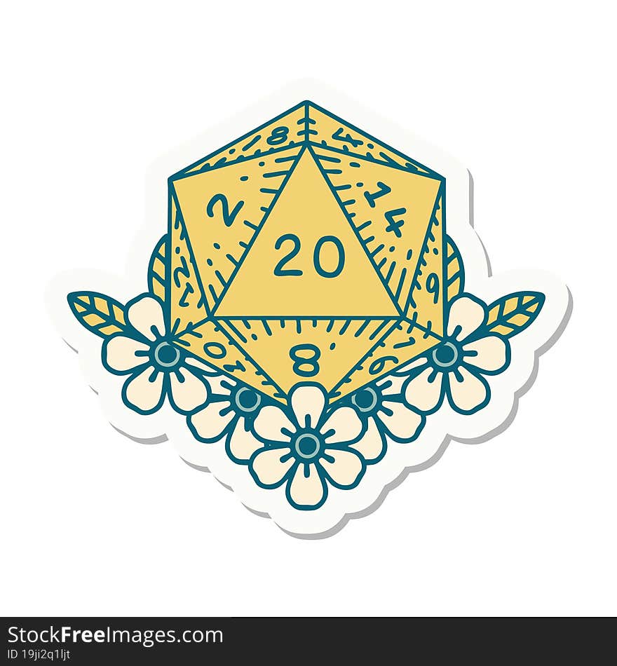 Natural 20 D20 Dice Roll With Floral Elements Sticker