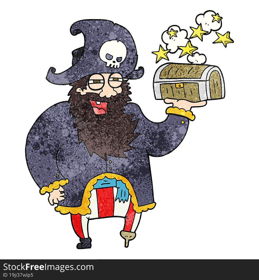 freehand textured cartoon pirate captain with treasure chest