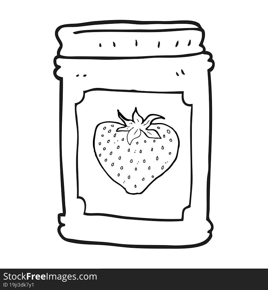 freehand drawn black and white cartoon strawberry jam jar