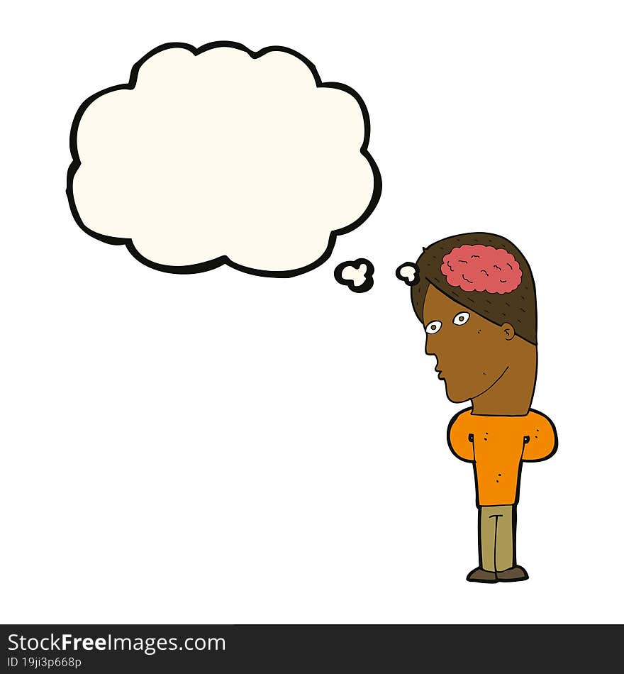 cartoon man with big brain with thought bubble